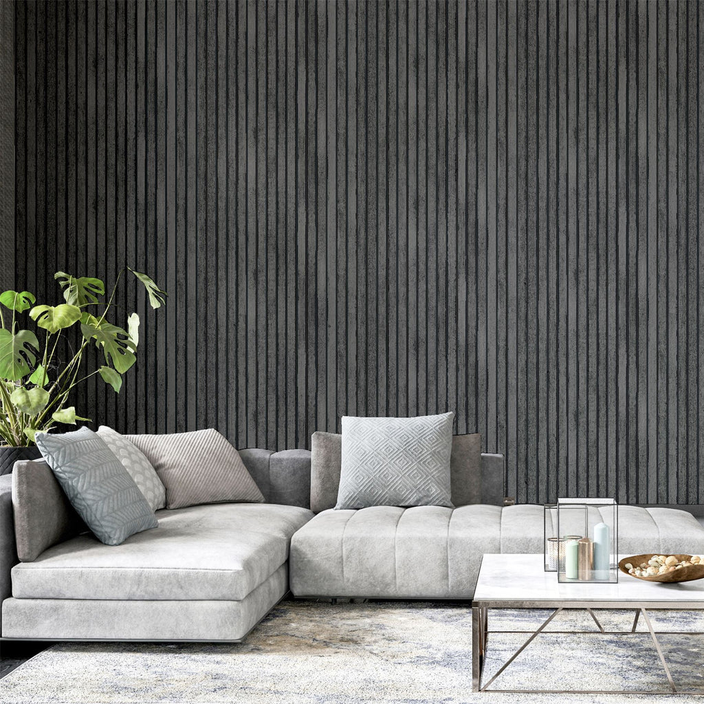 Charcoal grey decorative wood slat wall panel.