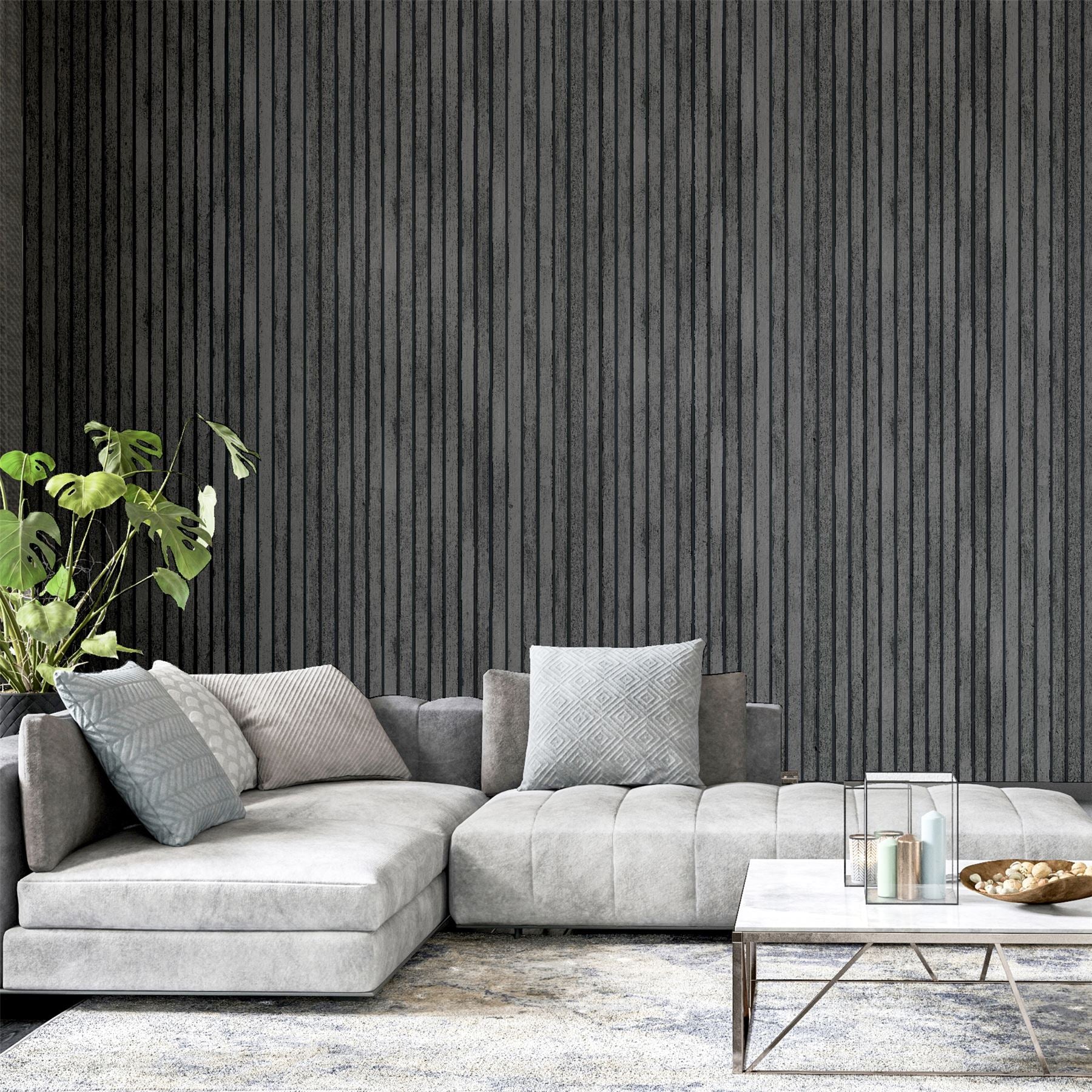 Charcoal grey decorative wood slat wall panel.