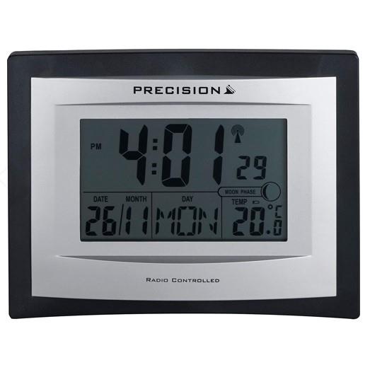 {
  "title": "Precision Radio Controlled Wall Desk Clock with Day/Date, Temperature Digital Display",
  "description": "Radio controlled clock with digital day/date and temperature display. Suitable for wall or desk use. Includes alarm clock function."
}