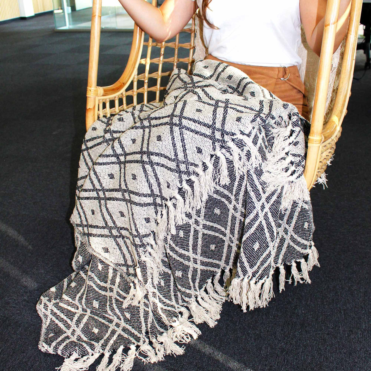 Cotton Tassel Throw, Cream Lattice