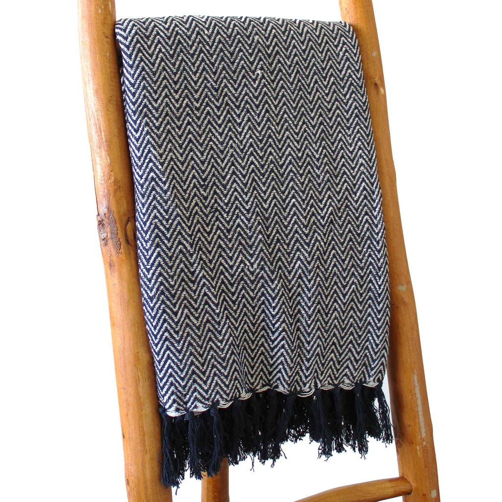Cotton Tassel Throw, Navy Chevron