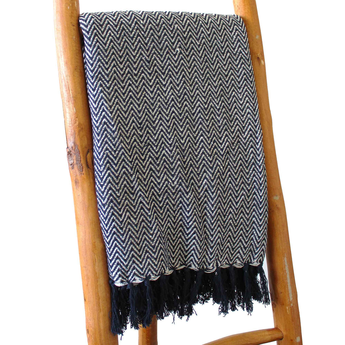 Cotton Tassel Throw, Navy Chevron