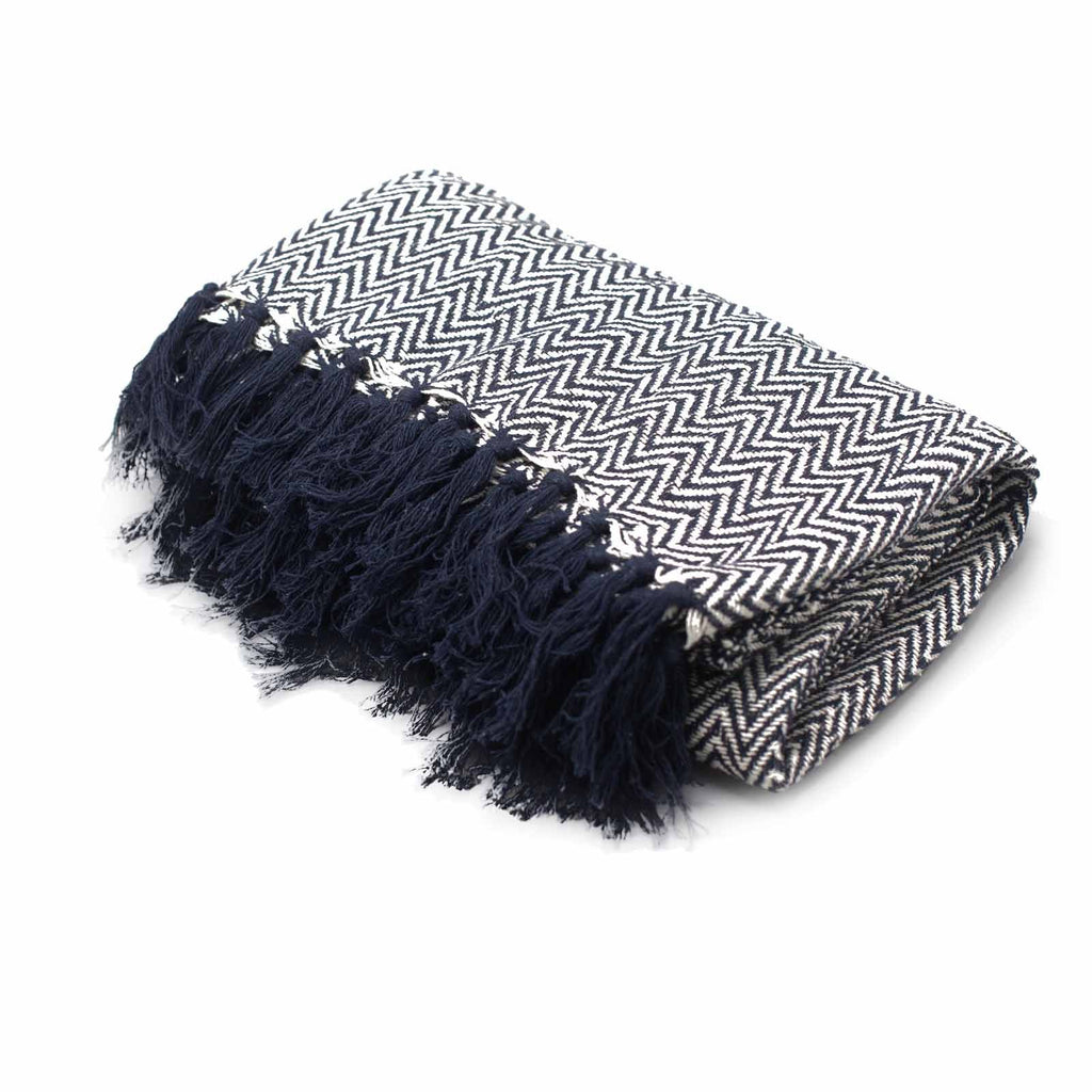 Cotton Tassel Throw, Navy Chevron