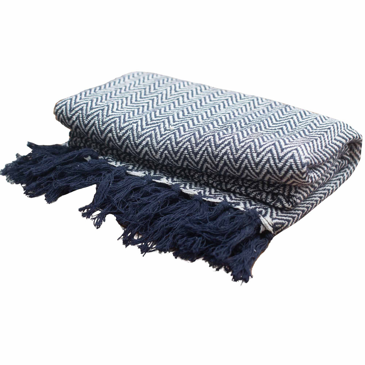 Cotton Tassel Throw, Navy Chevron