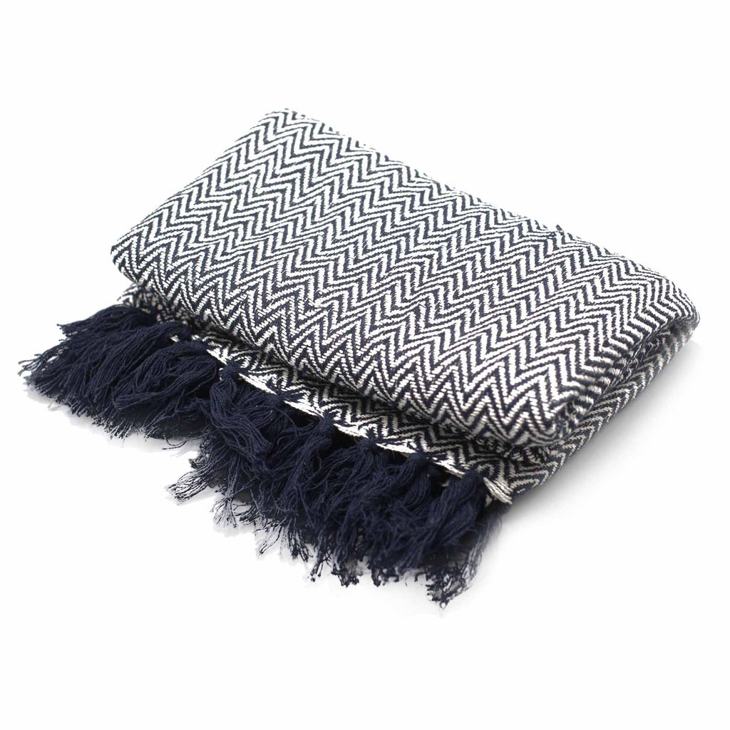 Cotton Tassel Throw, Navy Chevron