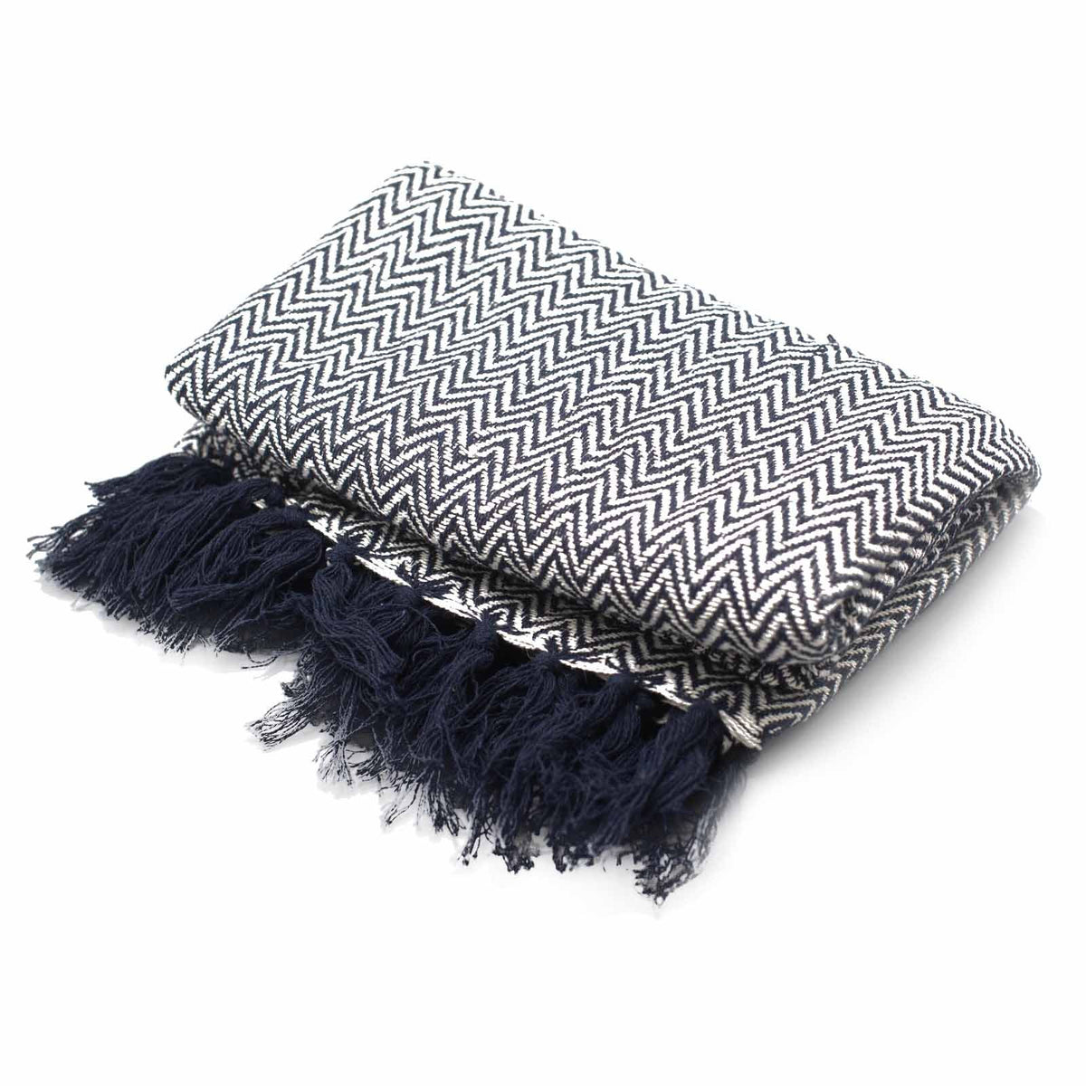 Cotton Tassel Throw, Navy Chevron