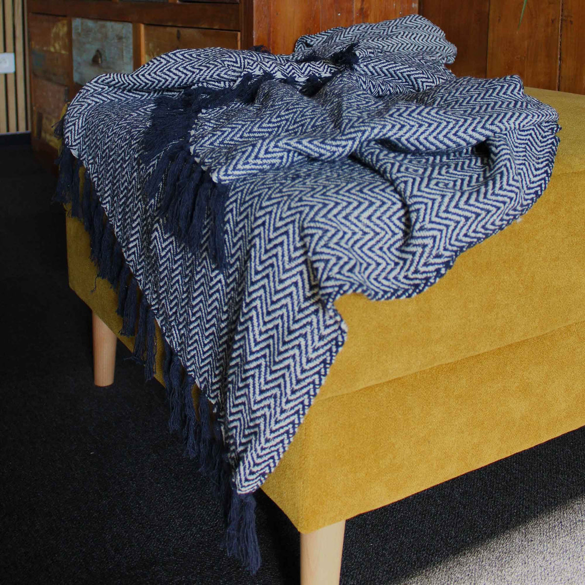 Cotton Tassel Throw, Navy Chevron