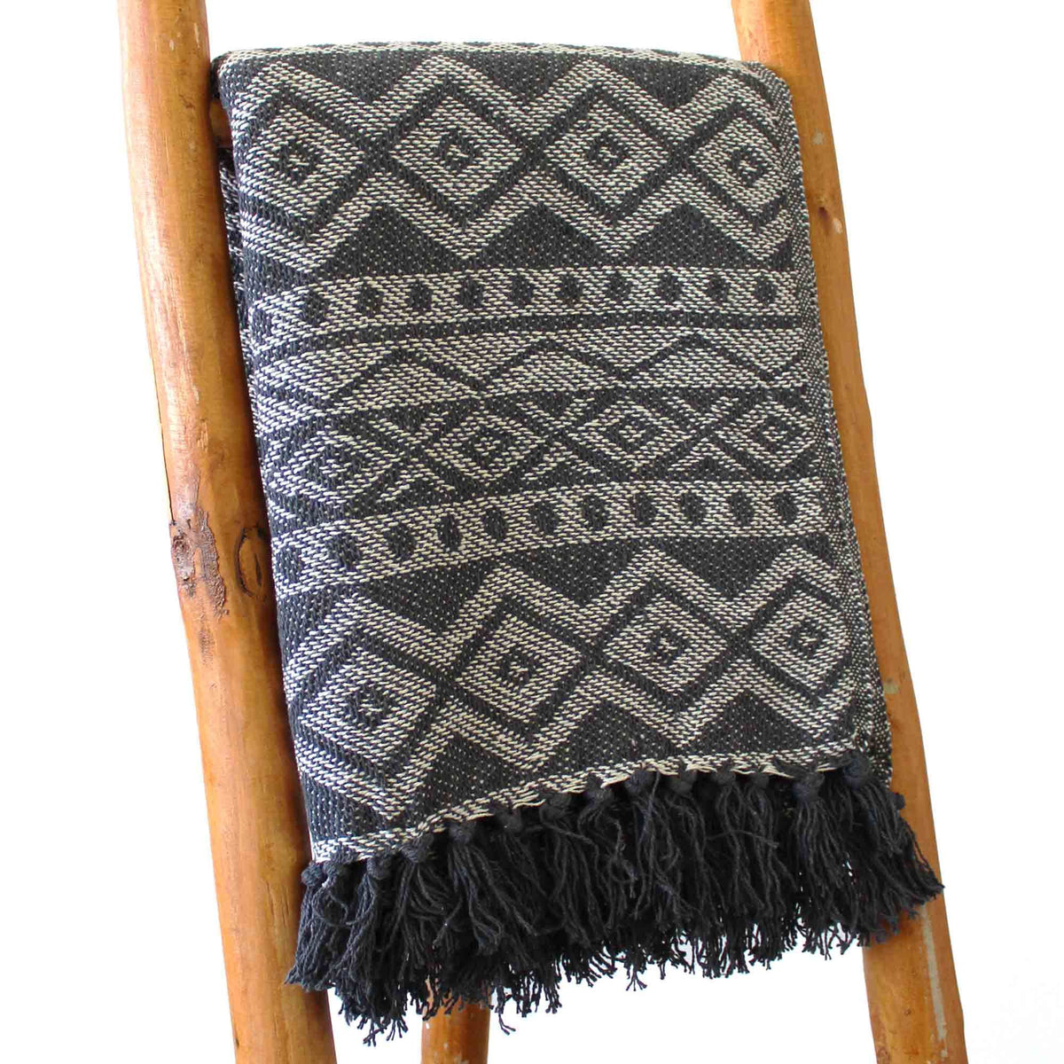 Cotton Tassel Throw, Slate Geometric
