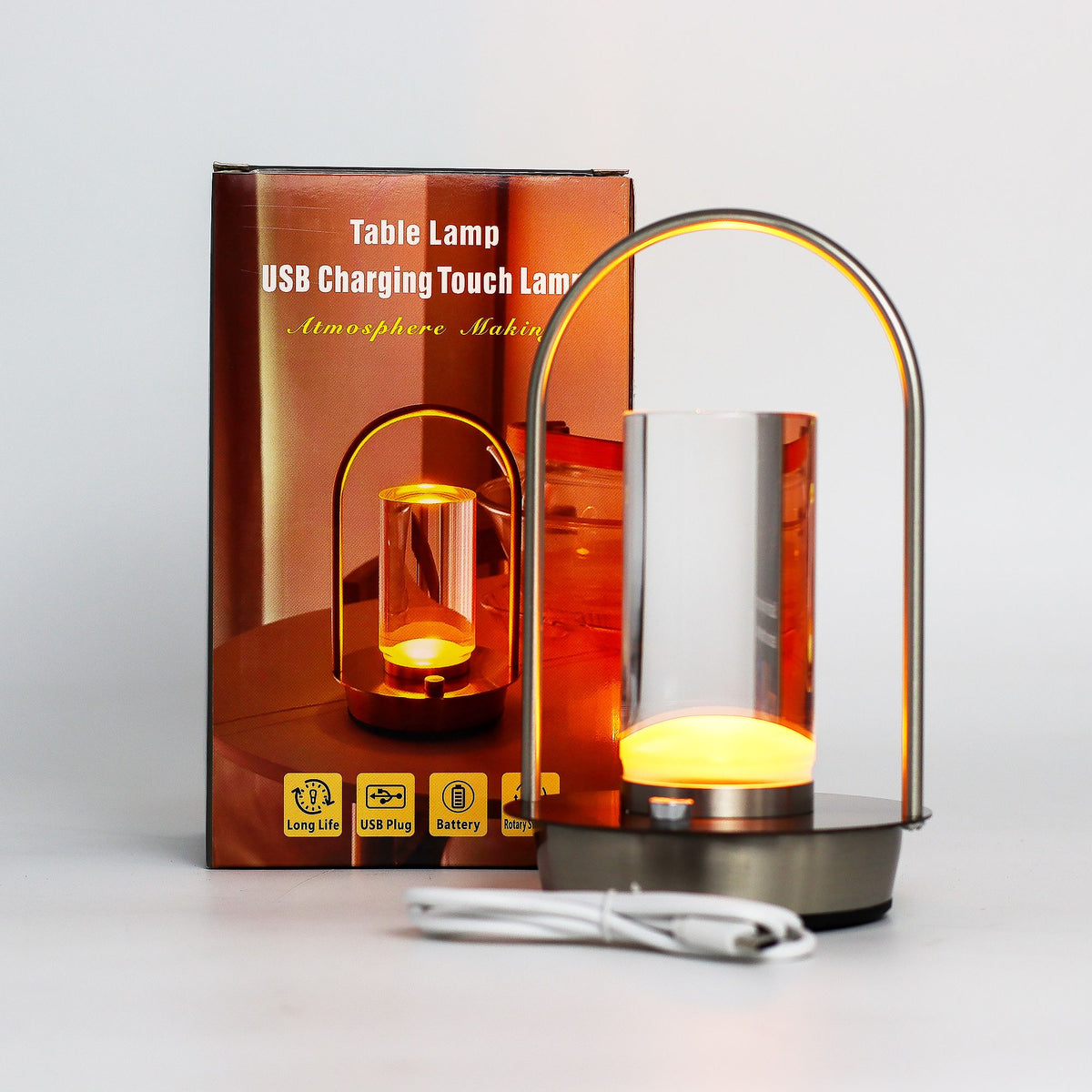 Cordless Glass Lantern Lamp, Antique Brass