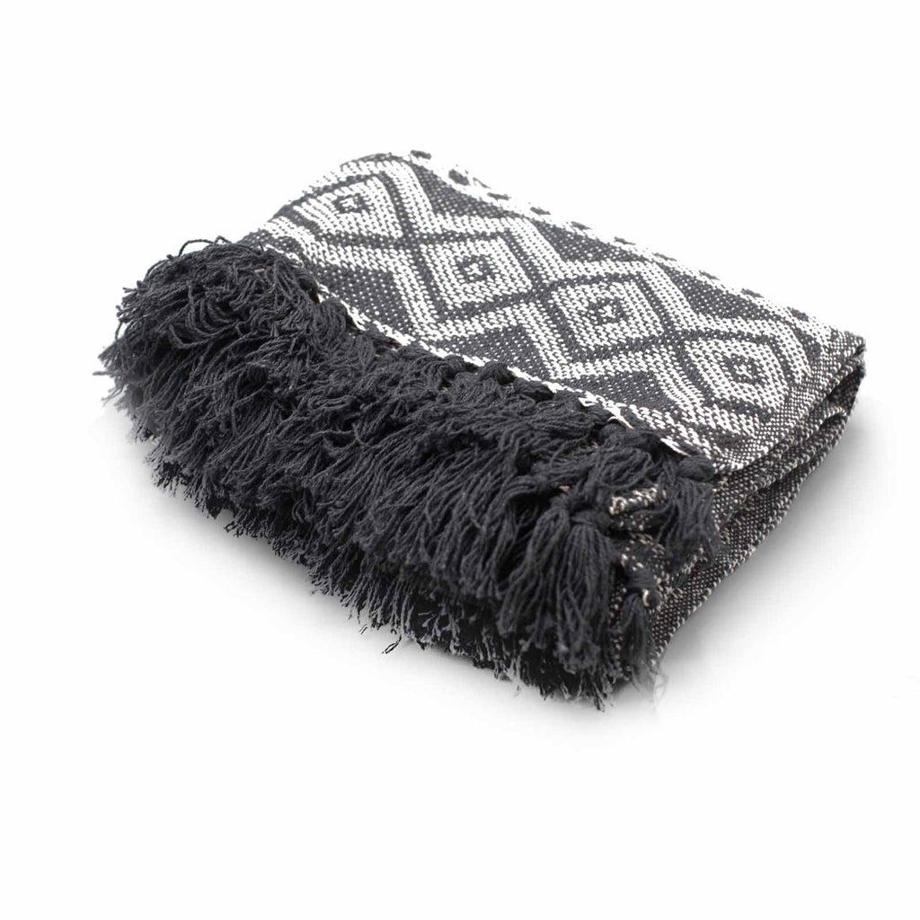 Cotton Tassel Throw, Slate Geometric