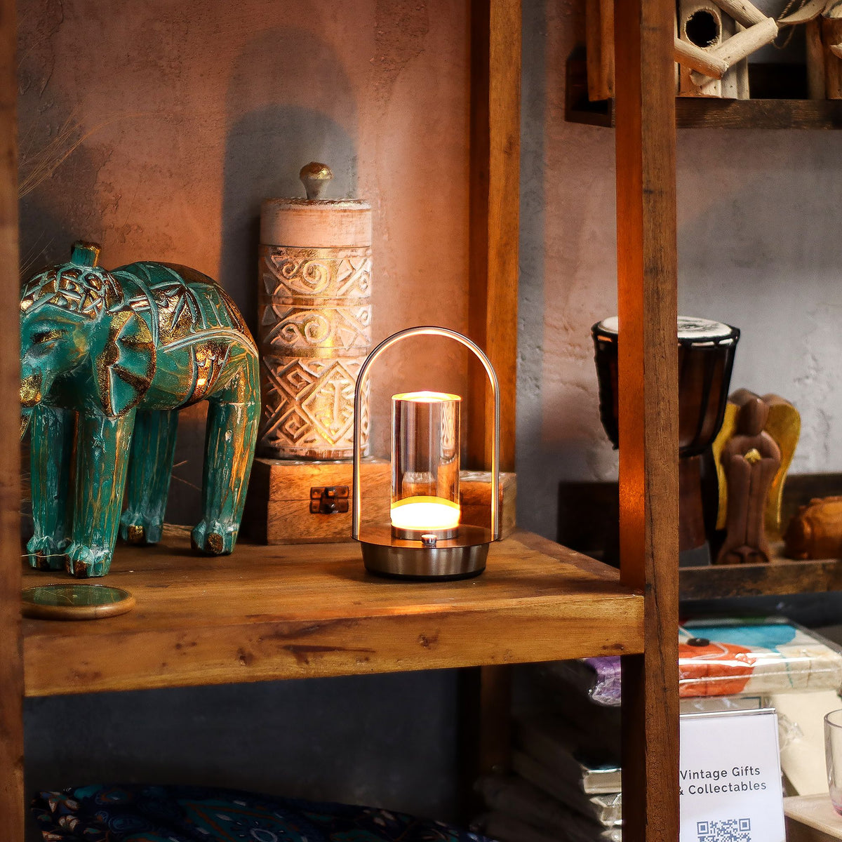 Cordless Glass Lantern Lamp, Antique Brass – alternative view 2