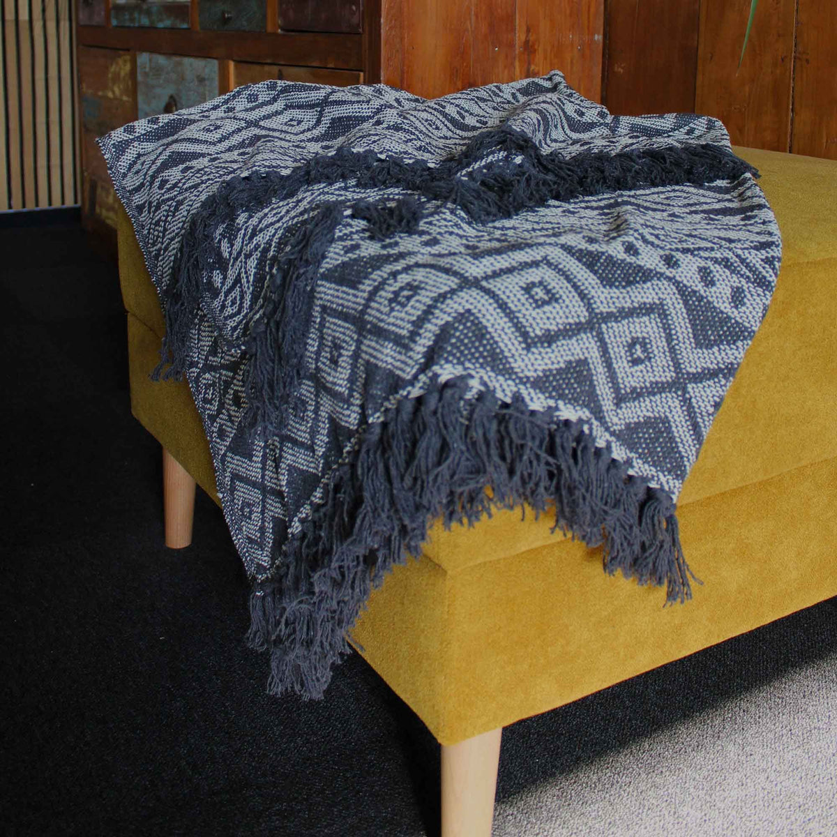 Cotton Tassel Throw, Slate Geometric