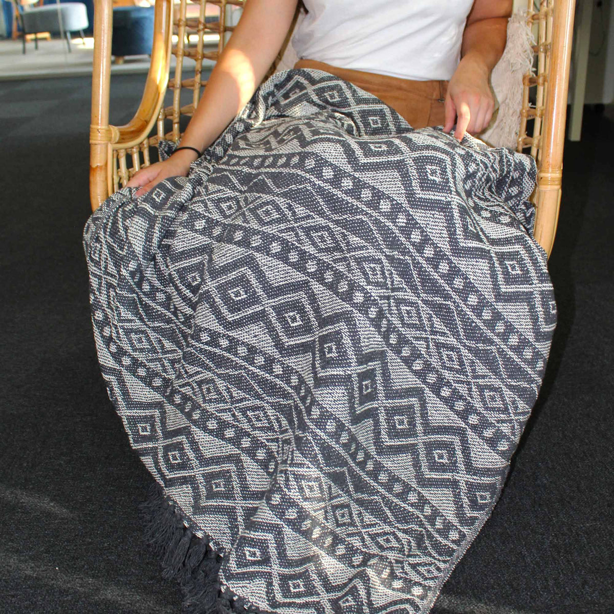 Cotton Tassel Throw, Slate Geometric