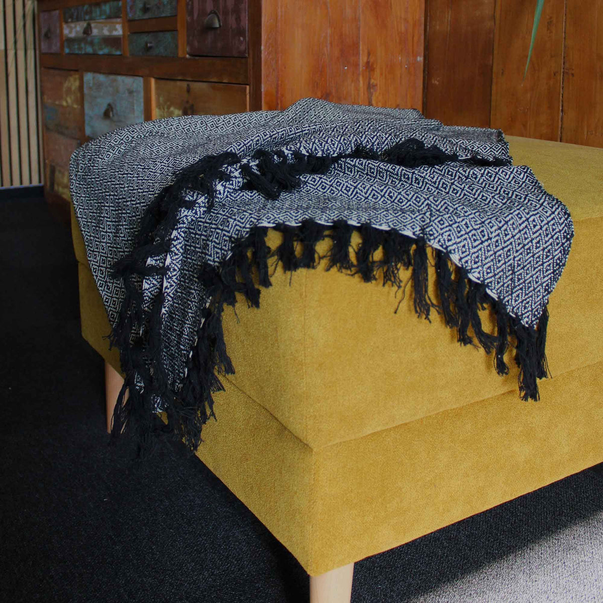 Cotton Tassel Throw, Charcoal Weave