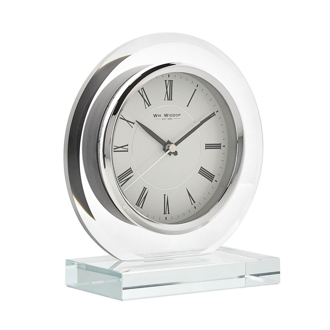 Wm. Widdop round glass mantel clock.
