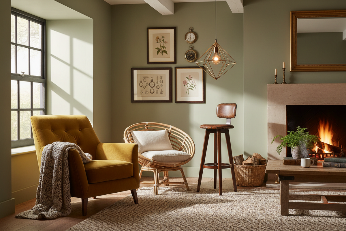 A softly lit sitting room with a lit fire, a knitted throw over an armchair and candles on the mantelpiece