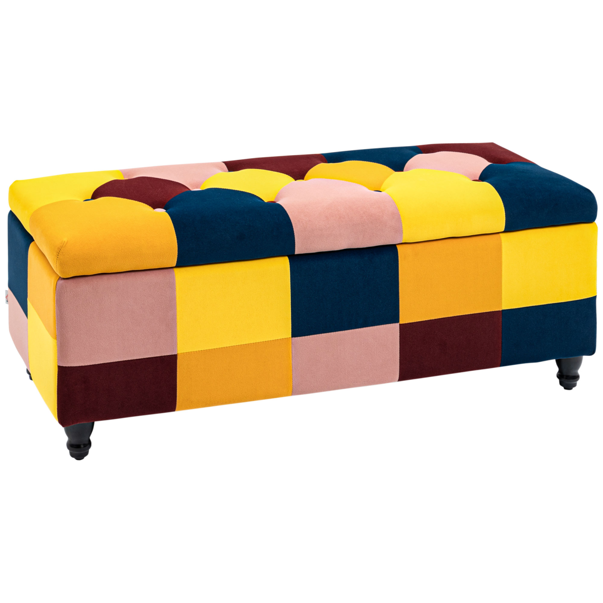 Colour‑block velvet storage ottoman with button‑tufted lid.
