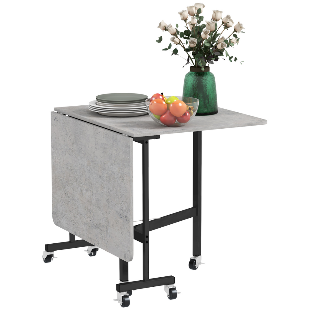 “Grey drop‑leaf folding dining table on wheels with storage shelves”