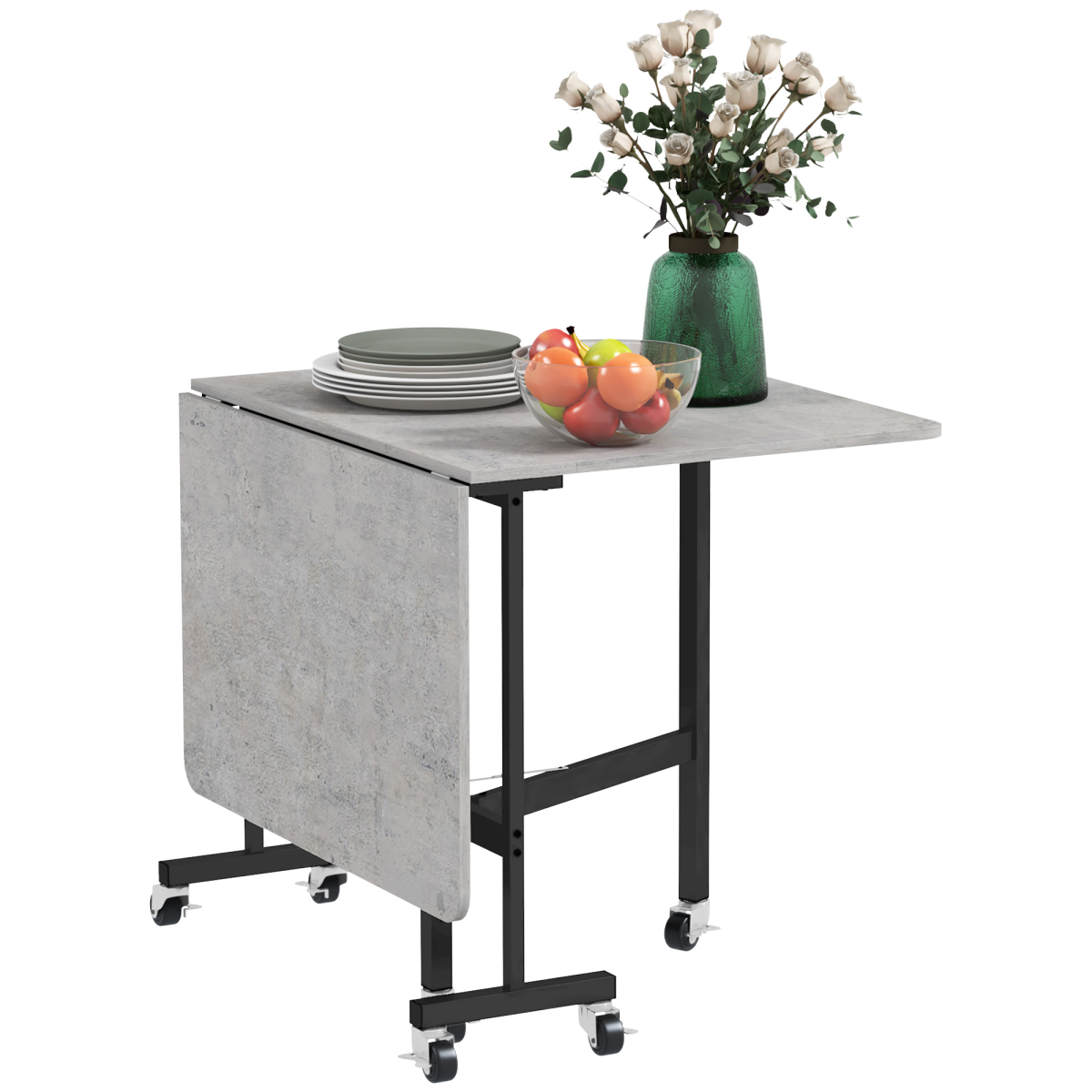 “Grey drop‑leaf folding dining table on wheels with storage shelves”