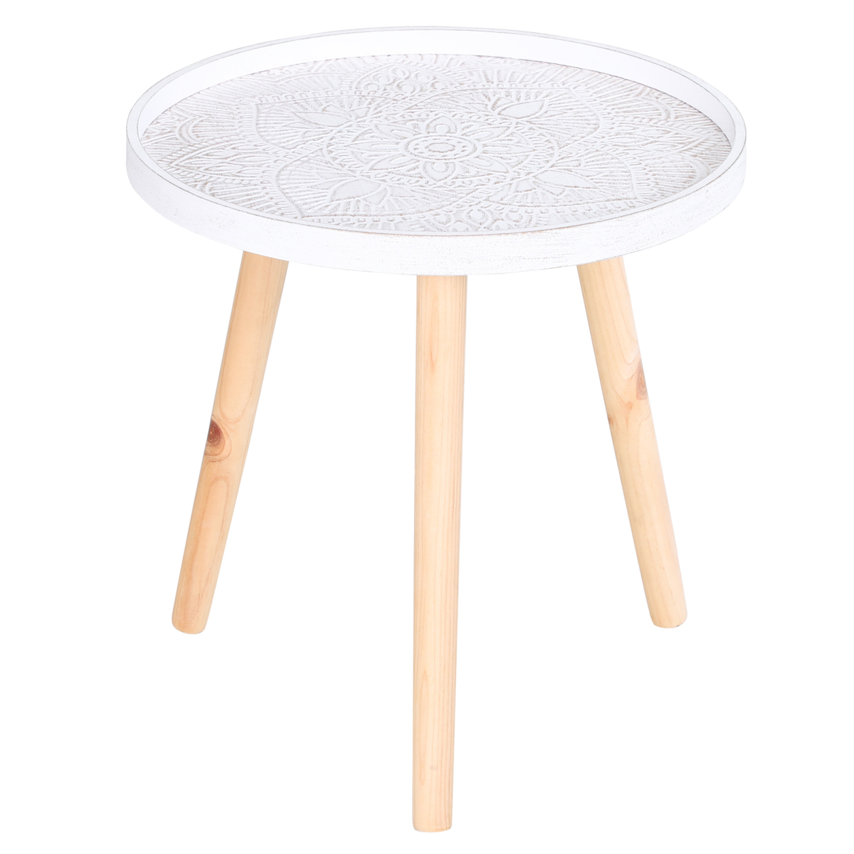 Pine Wood Floral Etched Side Table w/ Saucer Top White