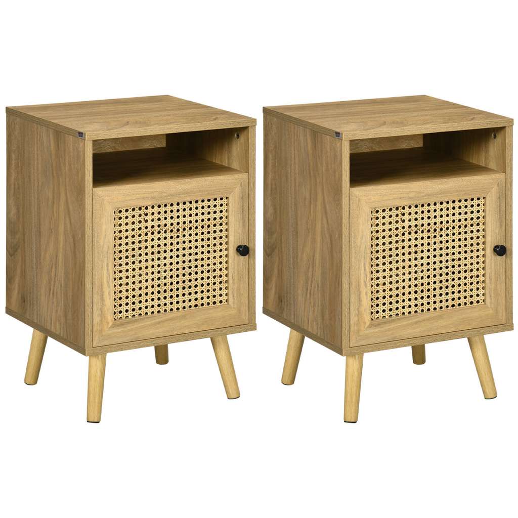 Rattan‑front bedside table with cabinet and shelf.