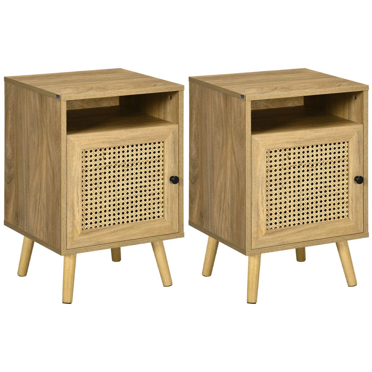 Rattan‑front bedside table with cabinet and shelf.