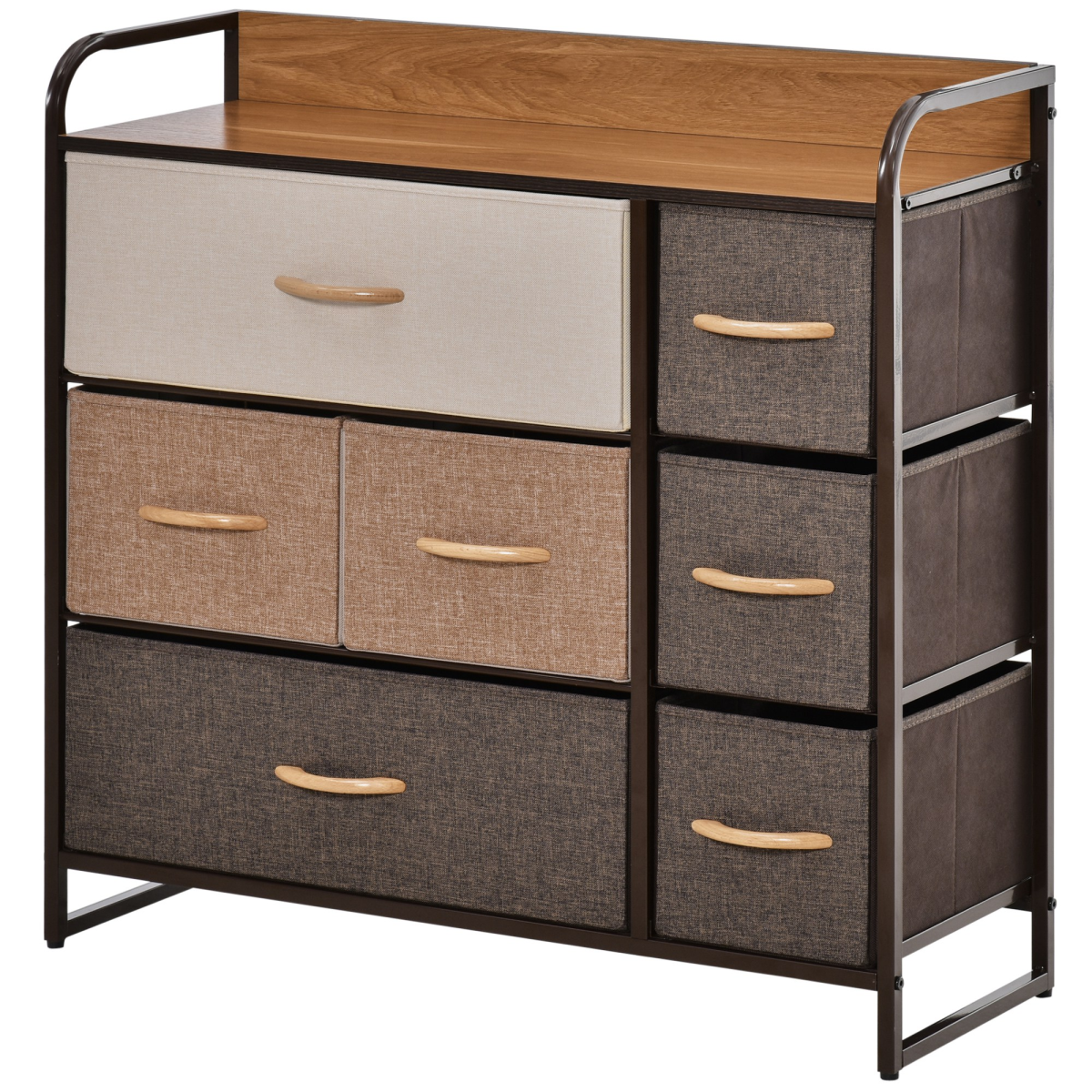 Seven‑drawer fabric dresser with metal frame.