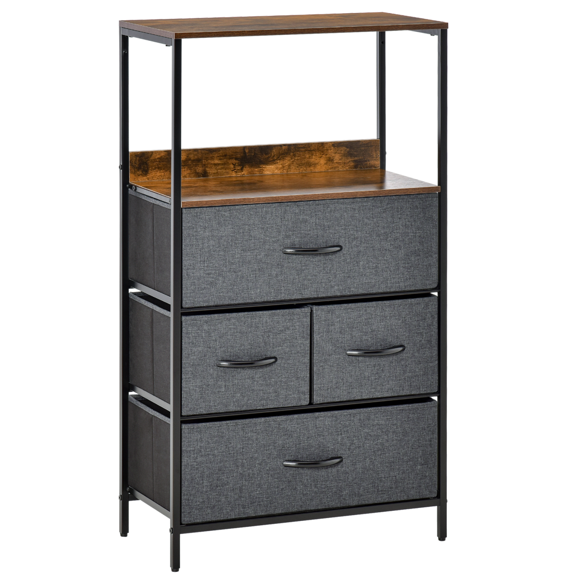 4‑drawer fabric storage chest with wooden top.