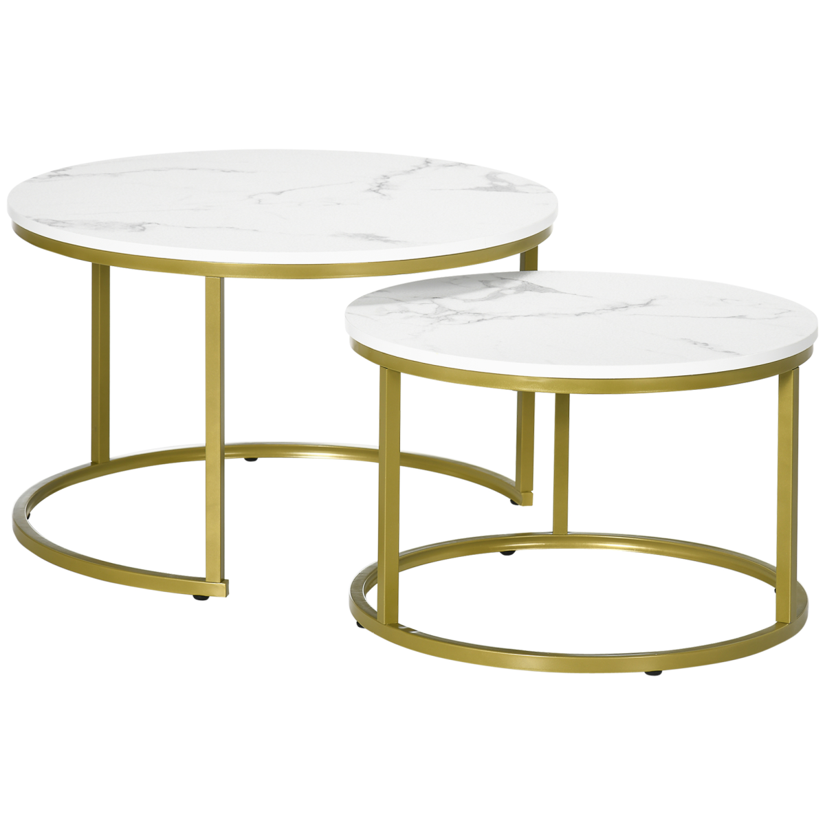 Set of two round marble‑effect nesting coffee tables.