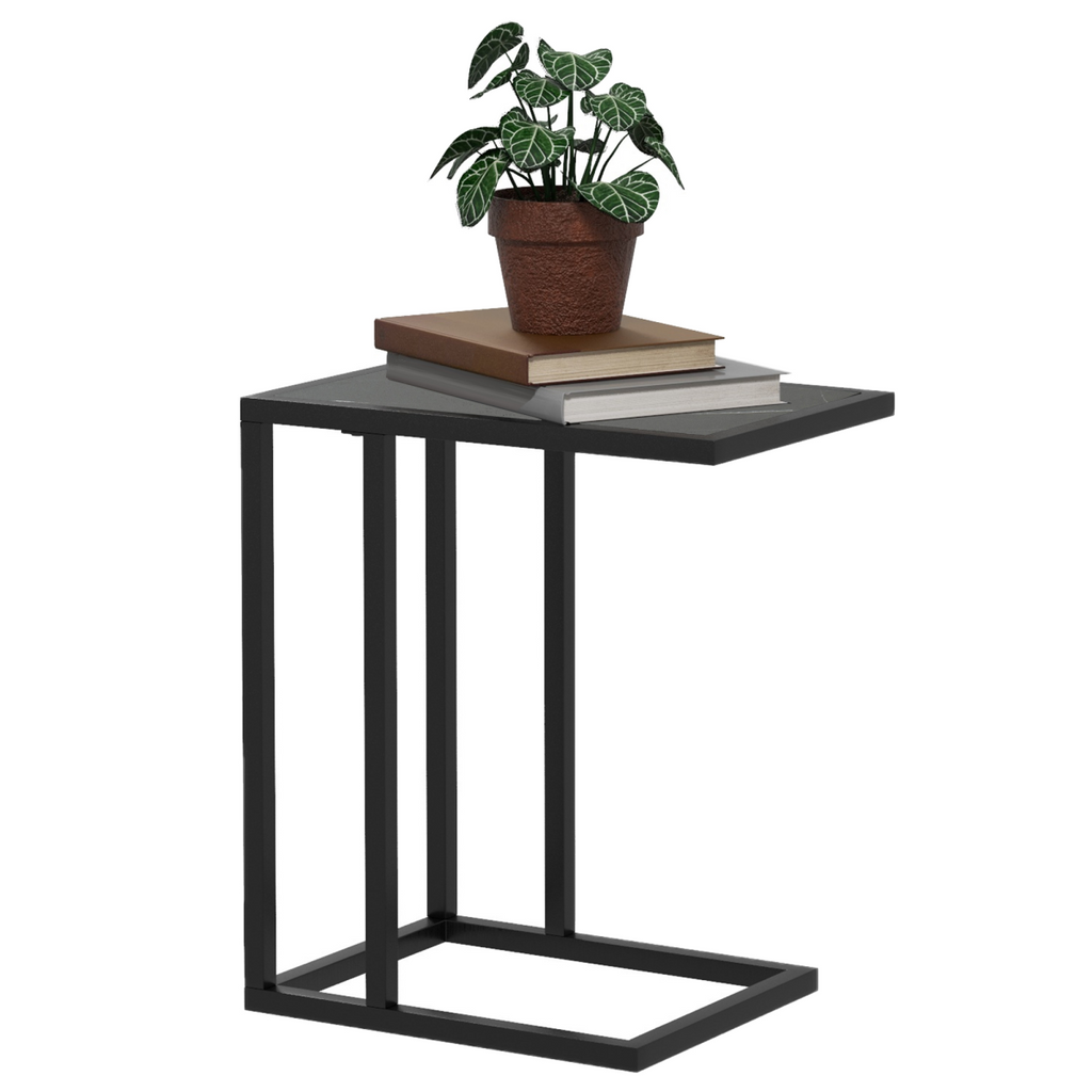 C Shape Side Table Marble-Effect Top Metal Frame Space-Saving Furniture