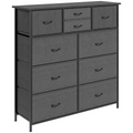 Black fabric chest of drawers with metal frame.
