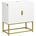 “White under‑sink bathroom cabinet with storage shelves”