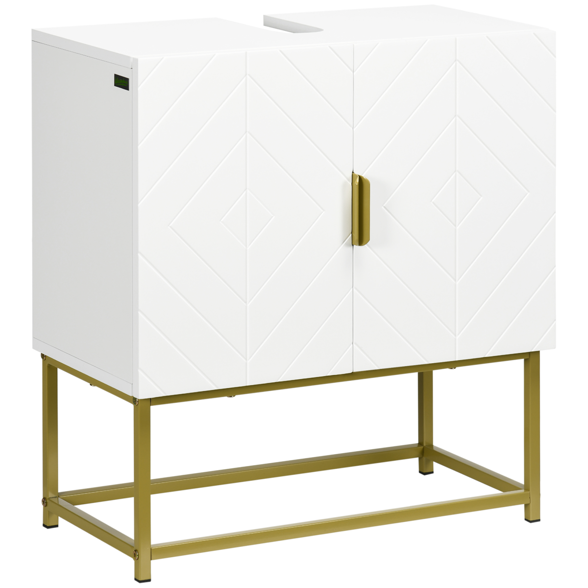 “White under‑sink bathroom cabinet with storage shelves”