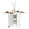 Mobile drop‑leaf kitchen table with shelves and wheels.