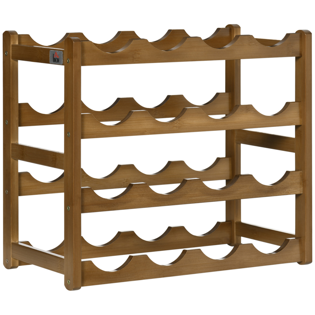Bamboo 16‑bottle wine rack with four tiers.