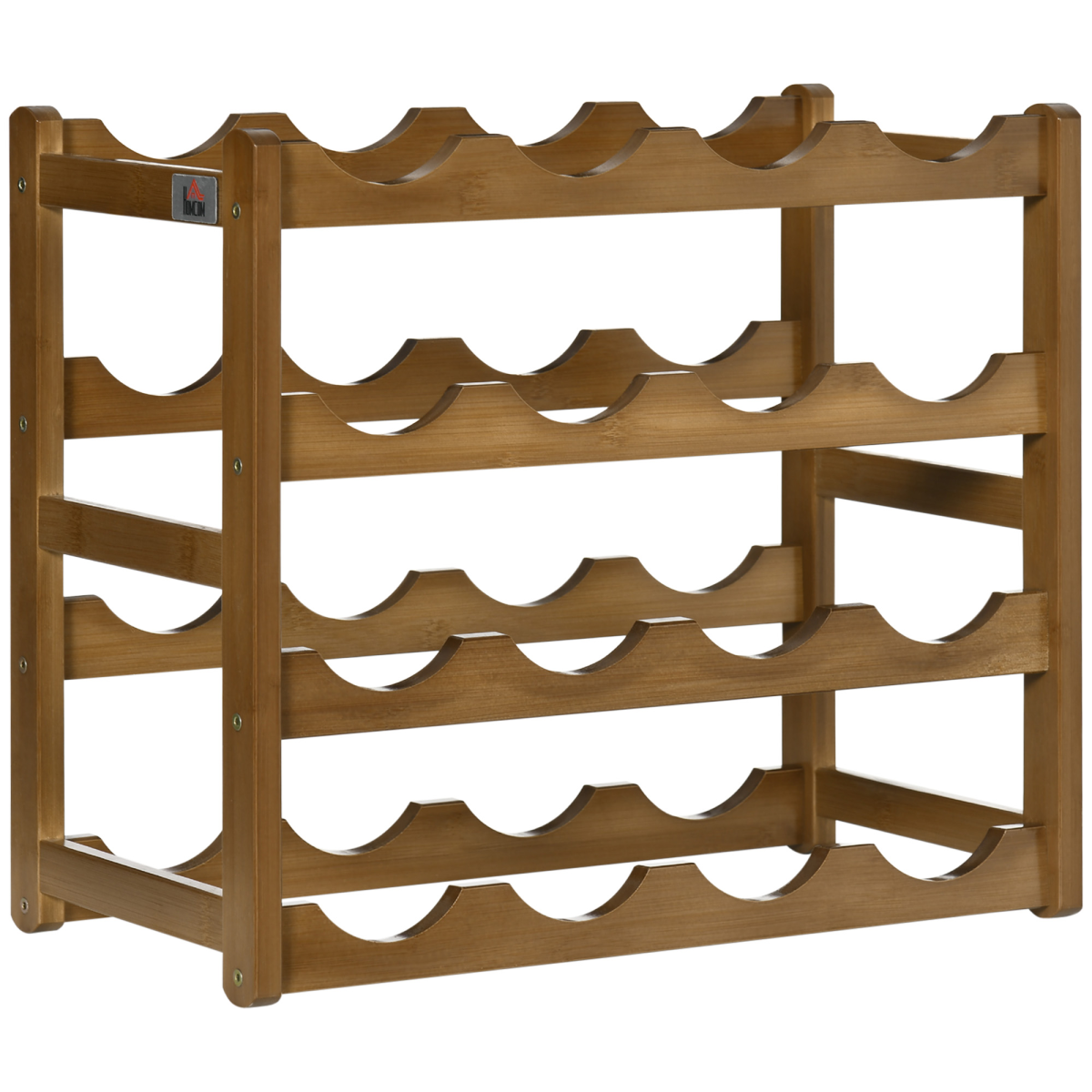 Bamboo 16‑bottle wine rack with four tiers.