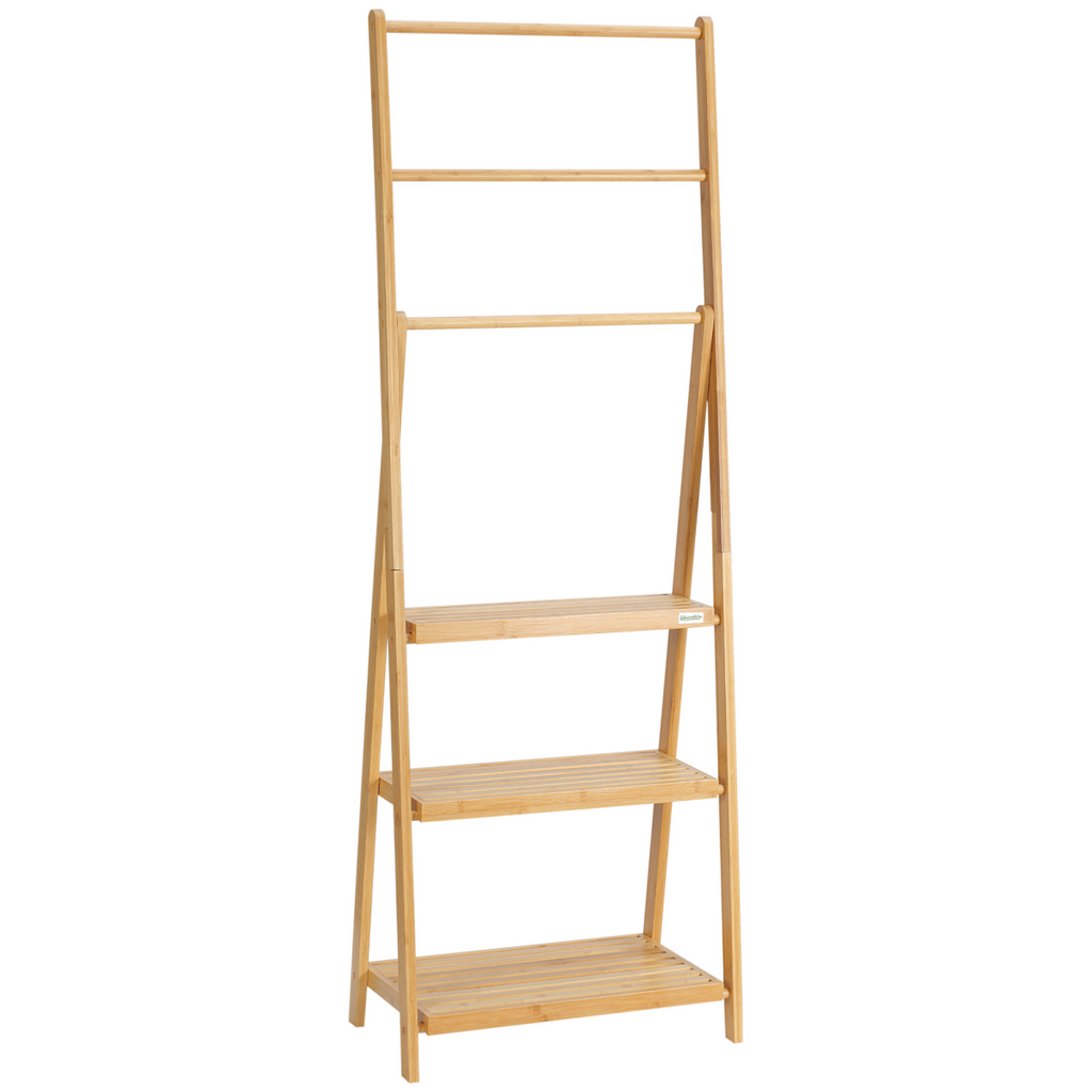 Freestanding Bamboo Towel Rack – 3 Bars & Shelves, Foldable