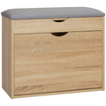 “Natural wood entryway shoe bench with cushioned seat and storage cabinet”