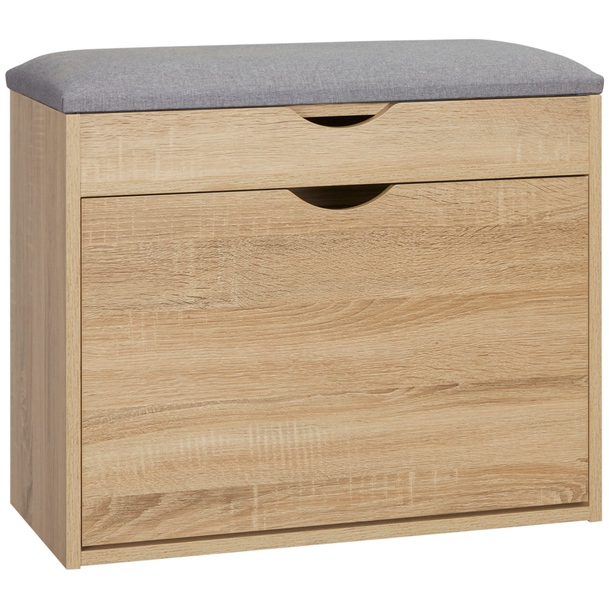 “Natural wood entryway shoe bench with cushioned seat and storage cabinet”