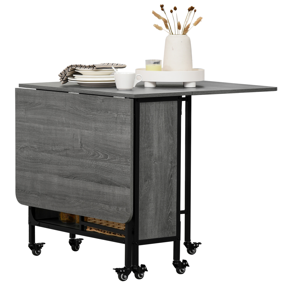 Mobile drop‑leaf folding kitchen table with storage shelves.