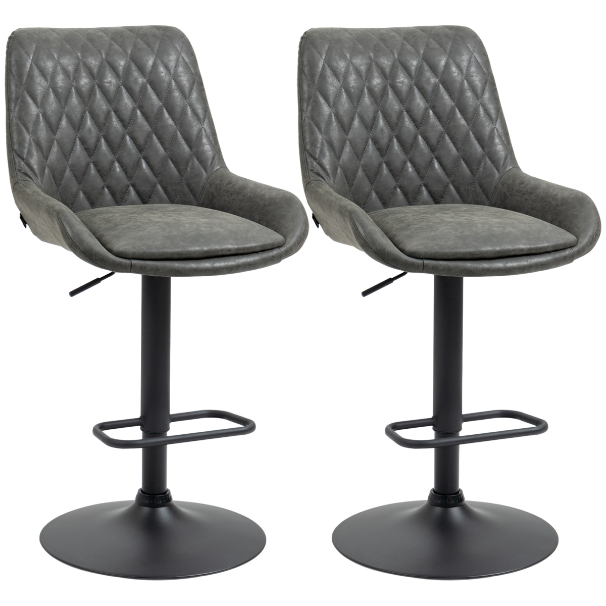 Set of two adjustable grey swivel bar stools with chrome base.