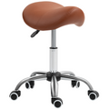 “Brown PU leather saddle stool with adjustable height and swivel base”