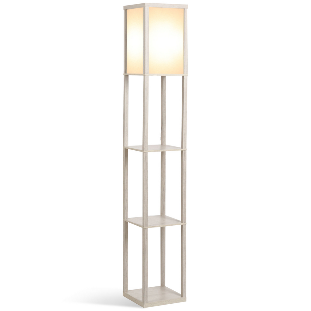 “4‑tier floor lamp with storage shelves — grey modern lighting design”