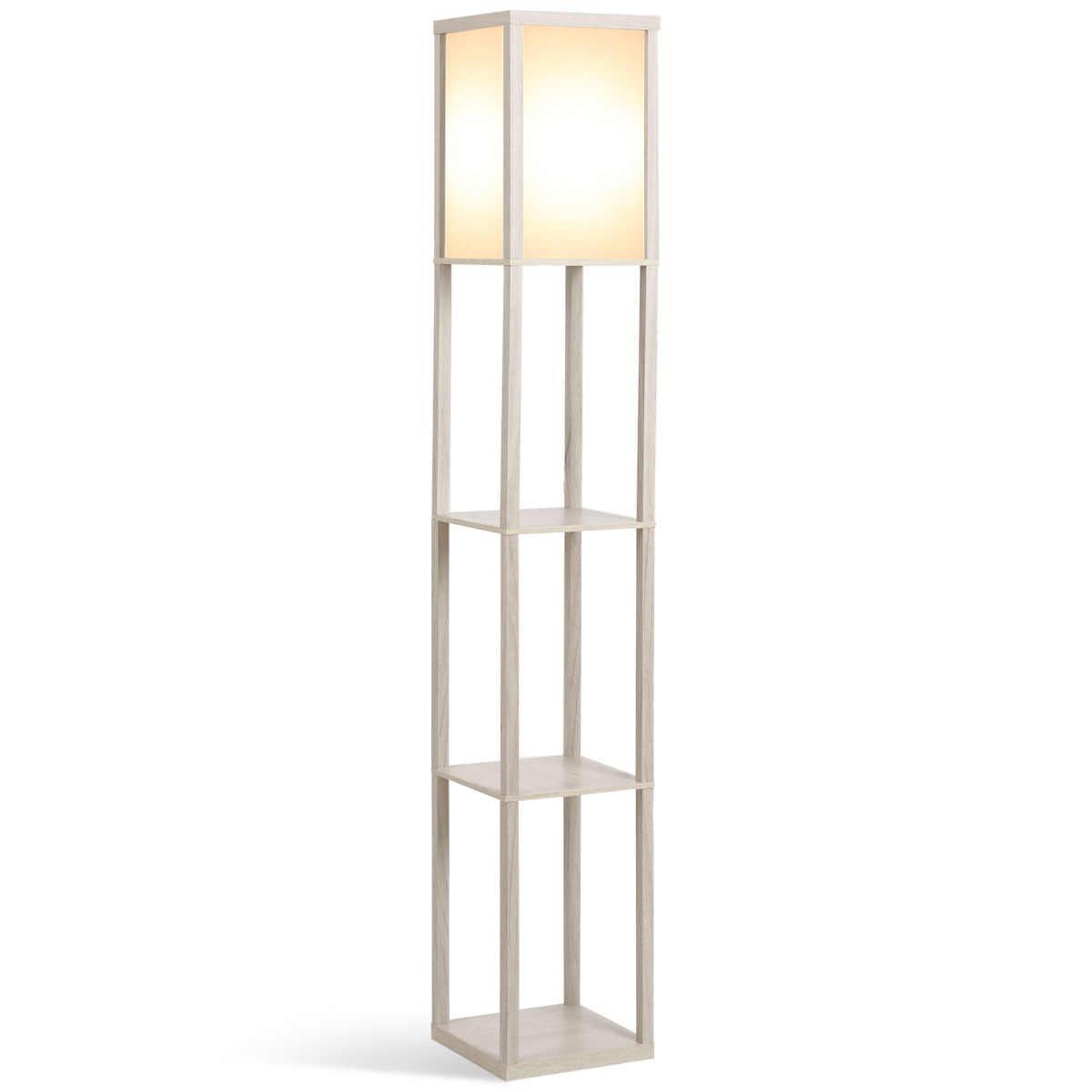 “4‑tier floor lamp with storage shelves — grey modern lighting design”