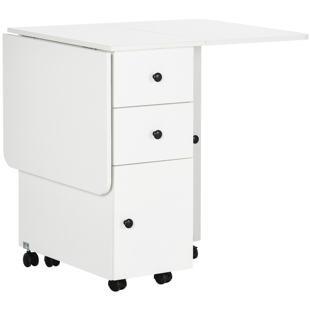 White drop‑leaf folding dining table with storage drawers.