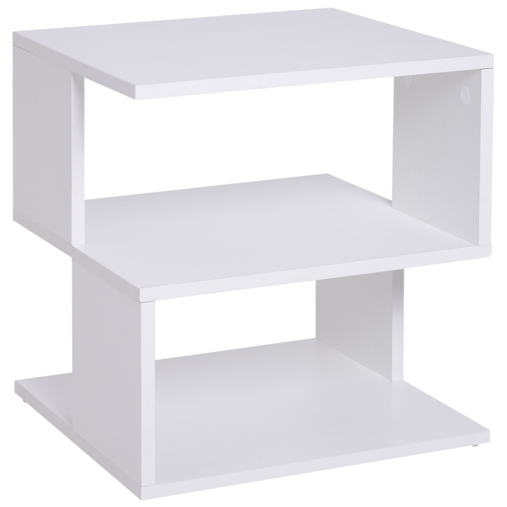 {
  "title": "Modern Square 2-Tier Wood Coffee Side Table Storage Shelf Rack, White",
  "description": "Two-tier square side table made from wood with a white finish. Provides storage and display space with two open tiers."
}