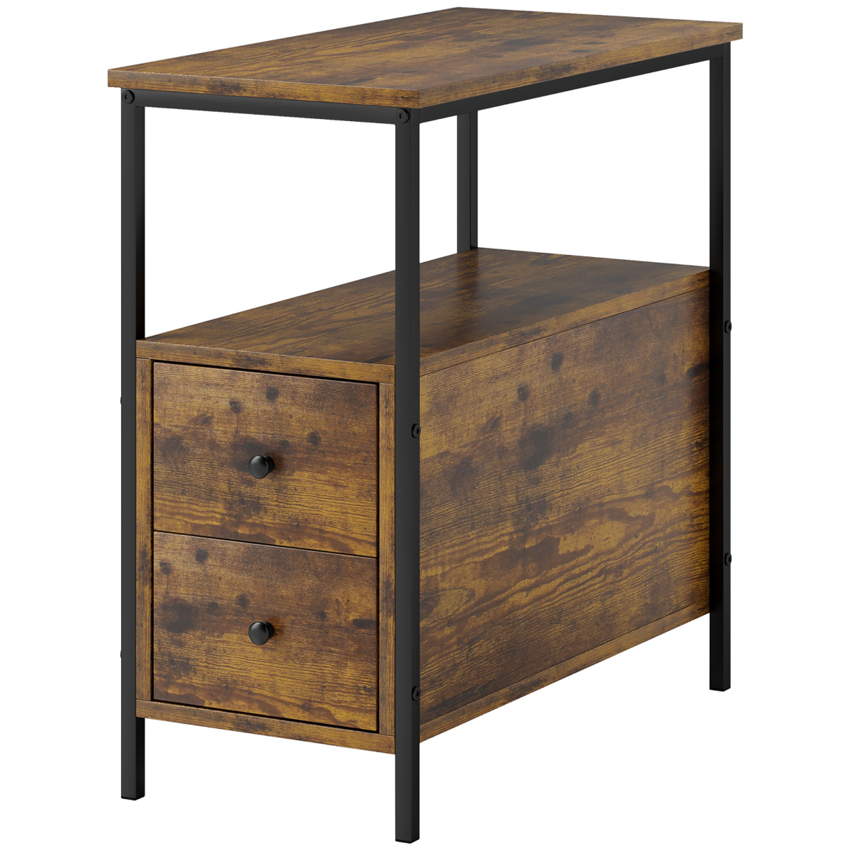 Slim brown side table with two drawers and lower shelf.